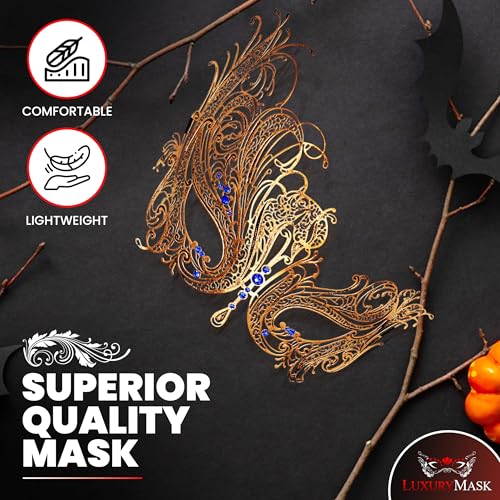 Image of Metal Filigree Masquerade Mask for Women - Swan Style Mask with Rhinestones for Mardi Gras, Prom, Halloween & Venetian Party
