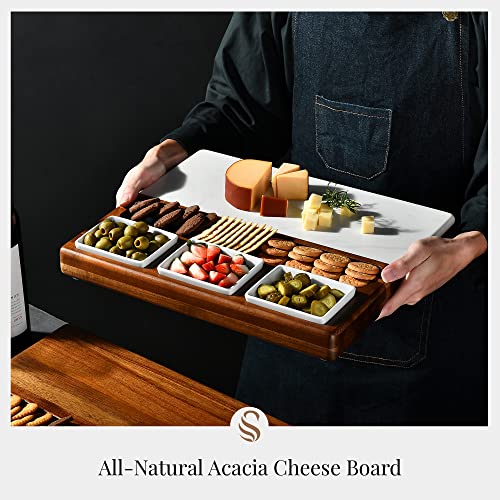 image for Shanik Wood - Marble Cheese Board Set with 3 Ceramic Bowls - Stainless