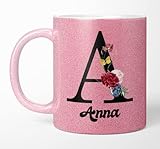 TASSENTICKER Glitzer Namens-Tasse mit Ihrem Anfangsbuchstaben und Namen - Kaffeetasse - Glitzer - personalisiert - Geburtstag - Kaffeebecher geschenke für Frauen - beidseitig bedruckt (Pink)