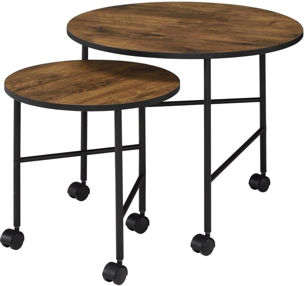 Acme Oblis 2-Piece Round Wooden Top Nesting Tables in Vintage Oak