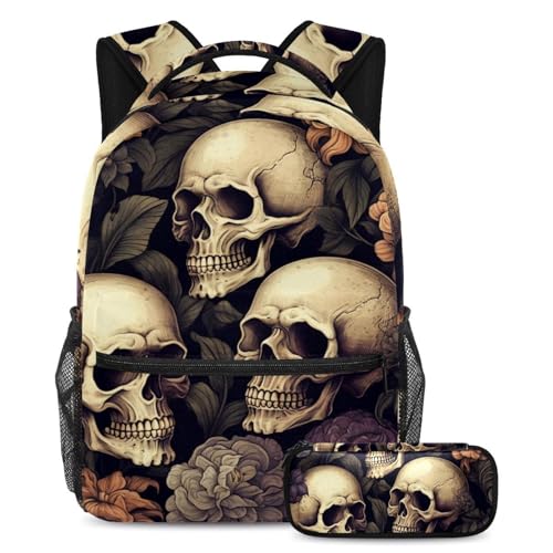 Cartable grande capacité tête de mort florale et sac à dos scolaire vintage large