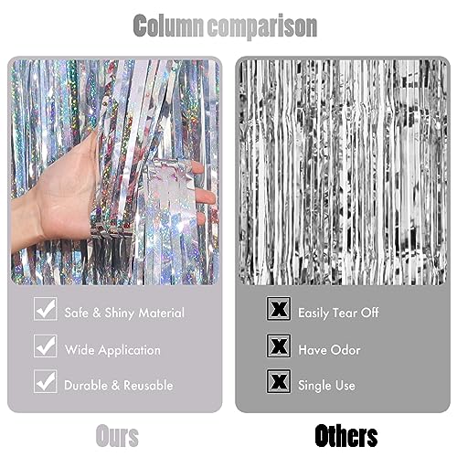 CANREVEL 2 Pack 3.3x8.2 Feet Laser Silver Foil Fringe Backdrop Curtains, Tinsel Streamers Birthday Party Decorations, Fringe Backdrop for Graduation, Baby Shower, Happy New Year, Disco Party