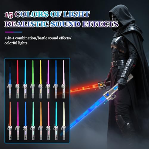 Afenau Laserschwert Kinder, 2 Pcs Retractable Wiederaufladbare Lichtschwert mit 15 Farben und Soundeffekten, 2 In 1 Laserschwerter für Kinder, Lichtschwerter Set für Party, Geschenk, Cosplay