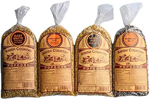 Amish Country Popcorn | 4-1 lb Bags | Variety Pack | 1 lb Baby White -1 lb Medium White - 1 lb Ladyfinger and 1 lb Midnight Blue Popcorn Kernels | Old Fashioned, Non-GMO and Gluten Free (4-1 lb Bags)