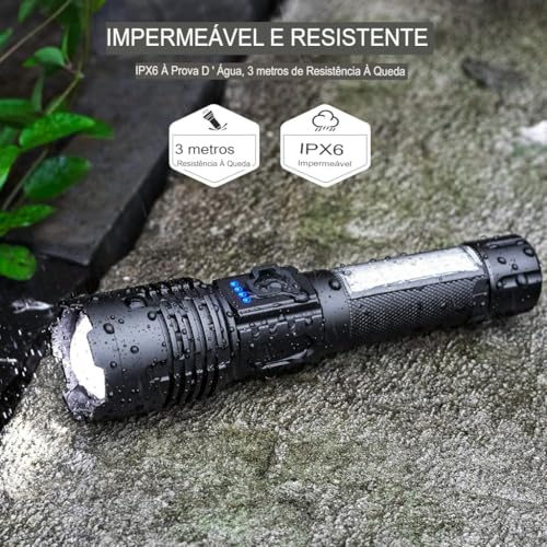 Lanterna Tática Recarregável LED Ultra Potente de Longo Alcance Com Ajuste de Zoom Carregador USB-C