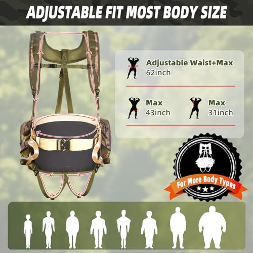 PUNCHMAN Camo Tree Saddle Hunting Kit - Heavy Duty Tree Hunting Saddle System with Hunting Climbing Saddle,Safety Harness,Bridge Rope,25KN EN362 Carabiners, Dump Pouch,Safety Deer Hunting Gear for Men