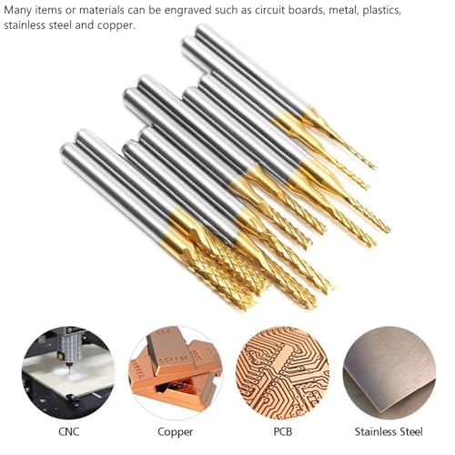 TICFOX 10 Stücke Hartmetall Schaftfräser, Titan Beschichtet Schaftfräser, 3,175mm Schaft 1,0–3,0 mm titanbeschichtete Fräser aus Hartmetall CNC Fräser Werkzeuge für Leiterplatten Metall Kunststoffe
