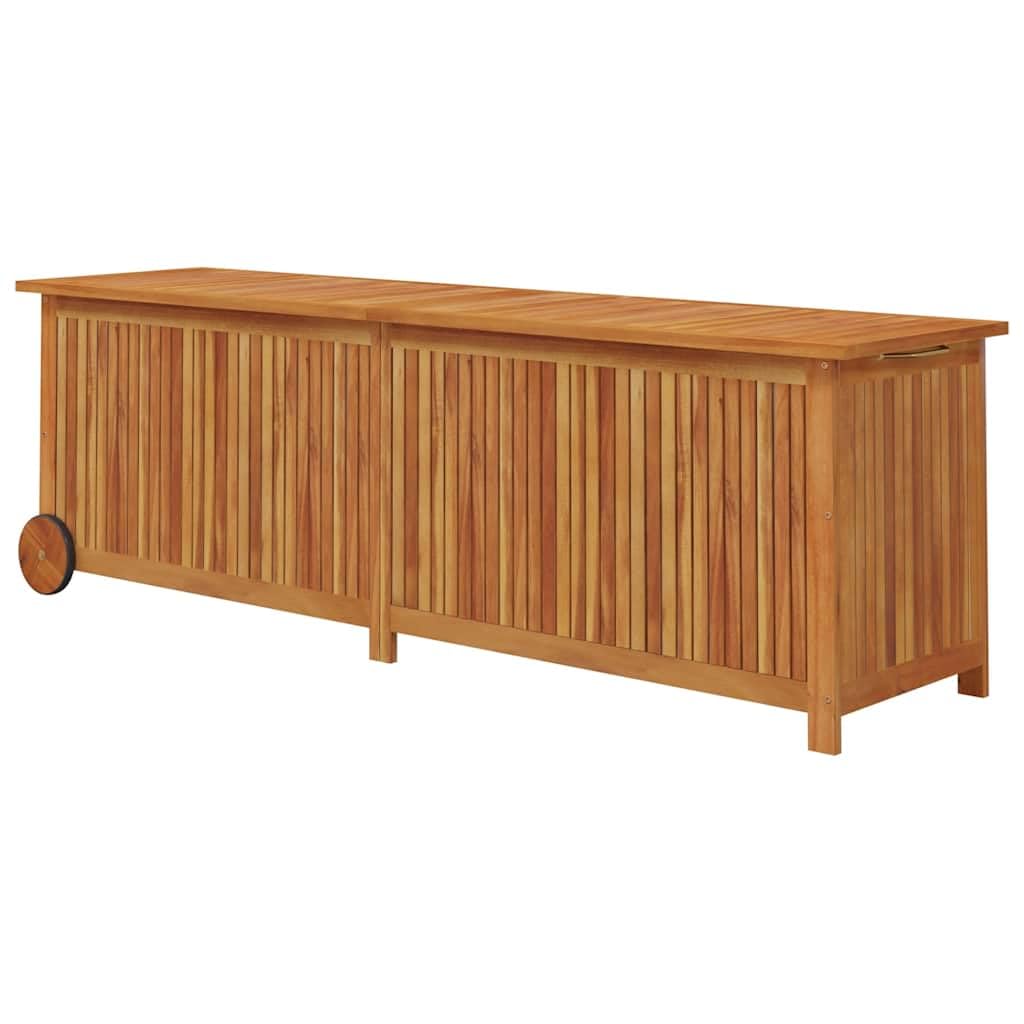 Coffre de jardin en bois d'acacia massif 150 x 50 x 58 cm avec roulettes et sac intérieur imperméable, boîte de rangement résistante aux intempéries pour coussins de jardin, coussins, jouets