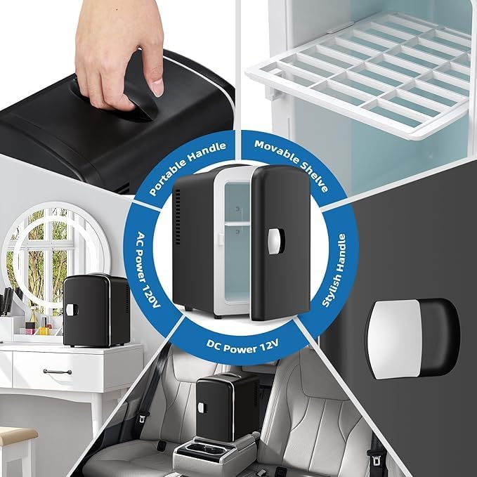 Compact Refrigerator, Portable Mini Fridge, Skin Care 4L/6 Cans, for Bedroom, Car, Office & Dorm, Small Cooler for Cosmetics, Beverage and Food, Black