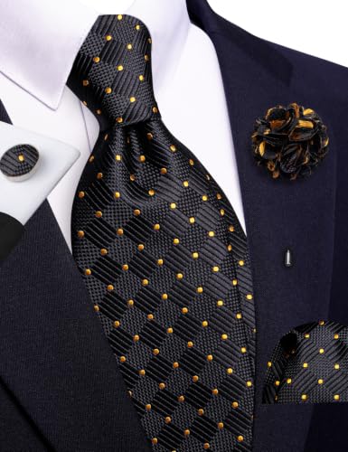 Image of Barry.Wang Plaid Ties Checkered Mens Silk Necktie Handkerchief Cufflinks
