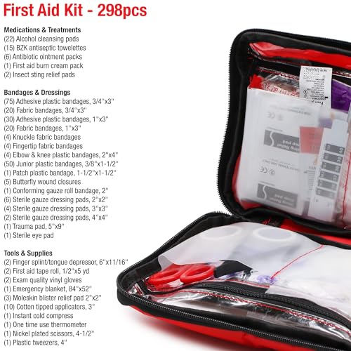 Image of DMI 298-Piece Complete Emergency First Aid Kit, Treats Pain, Swelling, Cuts, Scrapes & Burns, Complete First Aid Guide Included, Clear Pocket Organization, Durable Zippered Travel Bag