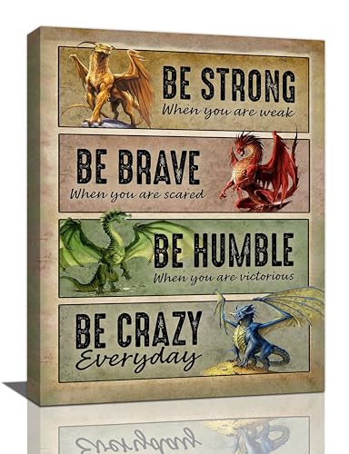 Image of Dragon Wall Art Vintage Dragon Pictures Wall Decor Inspirational Quotes Be Strong Canvas Prints Painting Artwork for Bedroom Living Room Office Kitchen Bathroom 12"x16"