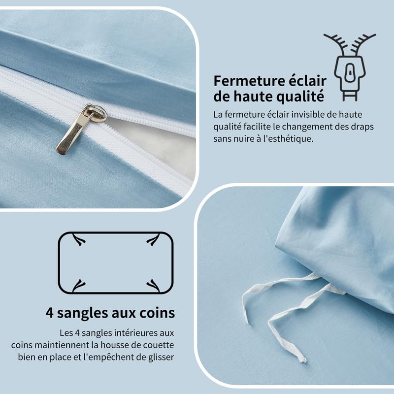 Gezu - Funda nórdica de 200 x 200 cm, satén de algodón, 100 % algodón, seda sedosa, brillante, juego de cama de algodón de fibra larga, ropa de cama con cremallera y 2 fundas de almohada de 65 x 65 cm