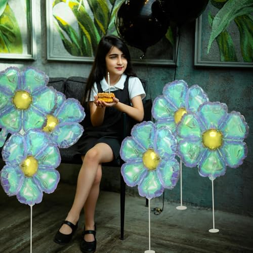 Image of Iridescent Crystal Daisy Flower Balloon, Lovely 6 Pack Transparent Rainbow Groovy Daisy Floral Balloons For Bridal Shower Wedding Birthday Baby Shower Gender Reveal Party Decoration Supplies