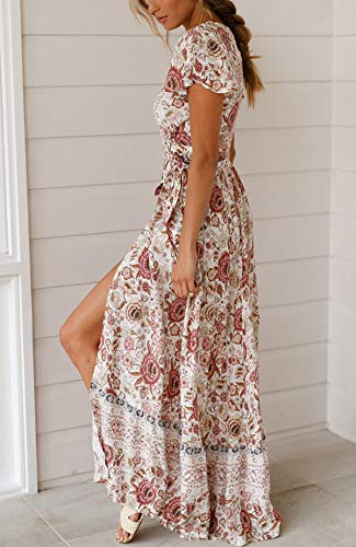 Image of R.Vivimos Women's Summer Short Sleeve Floral Print Bohemian Beach Waist Tie Wrap Long Flowy Dress with Slit