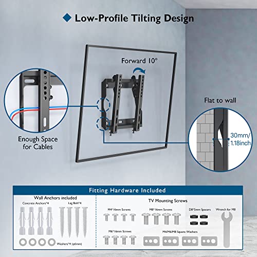 BONTEC TV Wandhalterung für 17-45 Zoll LED LCD OLED Plasma Flachbildfernseher, Ultra Dünn Neigbare Wandhalterung bis 30 kg, max VESA 200x200 mm, Luftpolster und Kabelbinder Enthalten