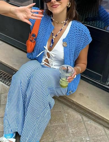 Image of Lumister Womens Crop Knit Vest Sleeveless Button Down Sweaters Chunky Crochet Knit Cardigan with Pockets(0740-Blue-S), Small