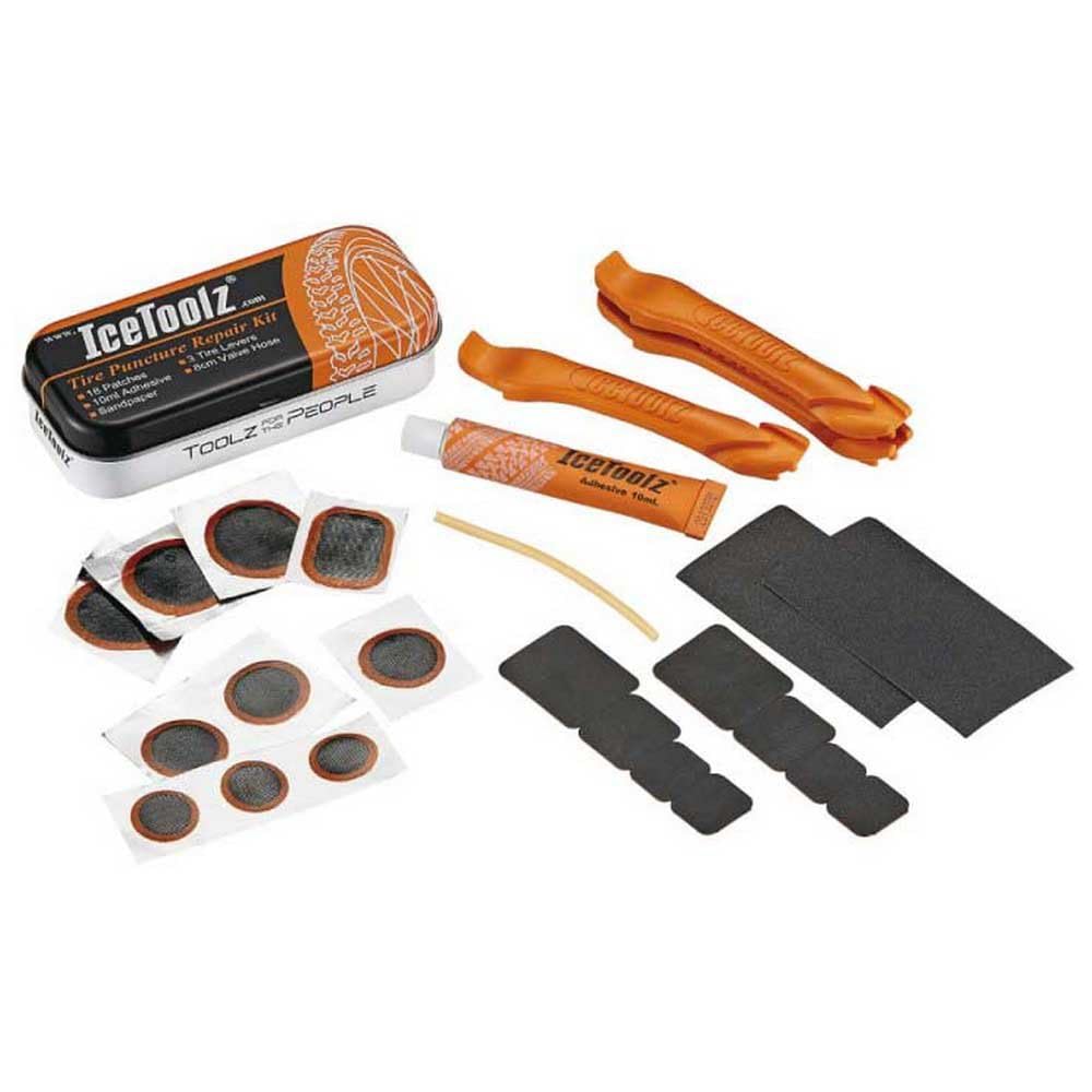 IceToolz Bicycle Tire Puncture Repair Kit | Patch Tool Road Emergency | Orange Tin Box
