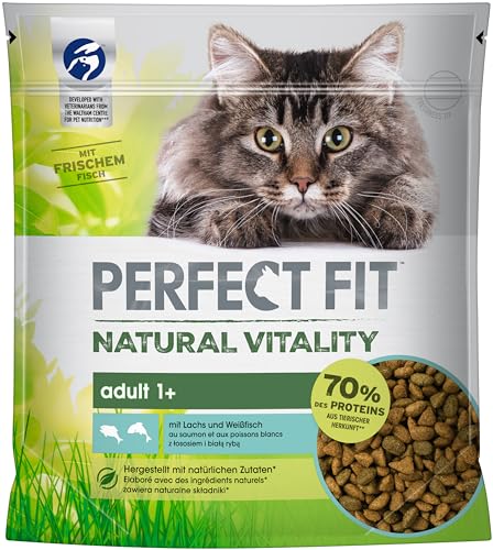 PERFECT FIT Natural Vitality - Katzenfutter Trockenfutter Adult 1+ - Lachs und Weißfisch, 6 x 650g