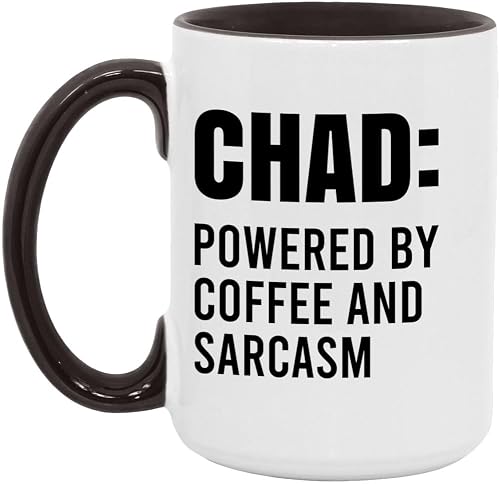 Funny Chad Morning Mug – Chad Powered By Coffee And Sarcasm Coffee Cup 15oz White/Black – Personalized Work Gift