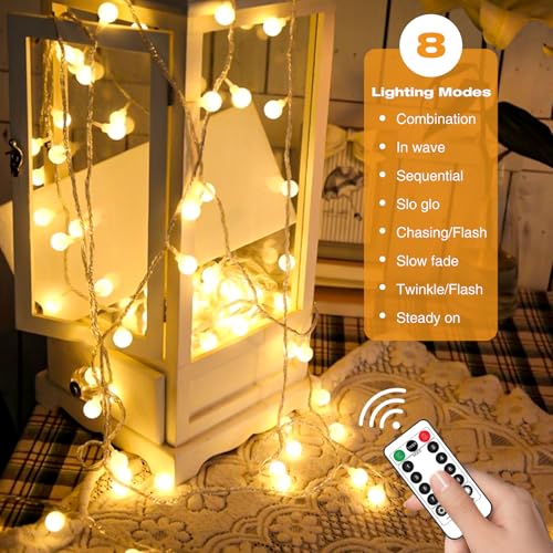 Kolpop Fairy Lights Battery Operated, 10.3M 80LED String Lights with Remote, 8 Lighting Modes, Timer, Dimmable, Waterproof Globe Christmas Light for Outdoor Indoor Bedroom Garden(Warm White) - Cosy Home Interiors Kolpop Fairy Lights Battery Operated, 10.3M 80LED String Lights with Remote, 8 Lighting Modes, Timer, Dimmable, Waterproof Globe Christmas Light for Outdoor Indoor Bedroom Garden(Warm White) - Image 2