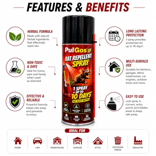 Image of PulGos Rat Repellent Spray for Car, Home & Kitchen | Non-Toxic Formula | 500 ml | Natural Essential Oil, Smell-Based Formula | Prevents Rat Entry & Damage | Easy to Use, Pet Safe, Easy Spray Nozzle