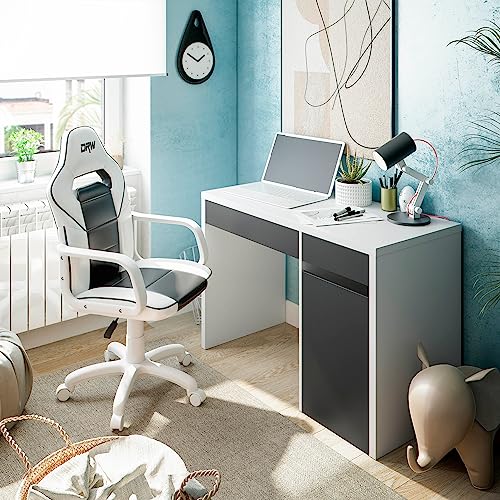 duehome | DRW, Silla Gamer, Silla de Oficina Gaming Estudio o Escritorio, Acabado en Símil Piel Blanco y Gris, Medidas: 46,5 cm (Ancho) x 46 cm (Largo) x 98-109,5 cm (Alto)