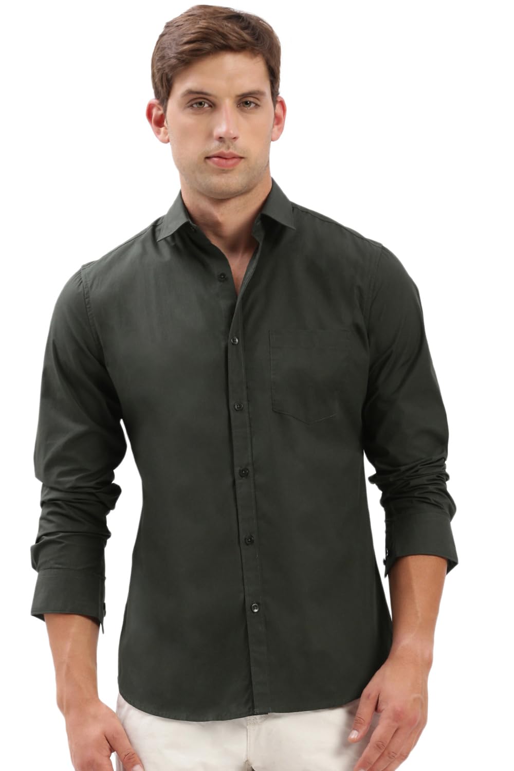 SHOWOFF Men's Long Sleeves Spread Collar Solid Green Slim Fit Shirt-Intus-2364_Green