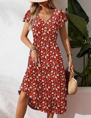 Image of Zeagoo Women's Summer Casual Dress Flutter Short Sleeve V Neck Button Down Tiered Flowy Long Dress with Pockets