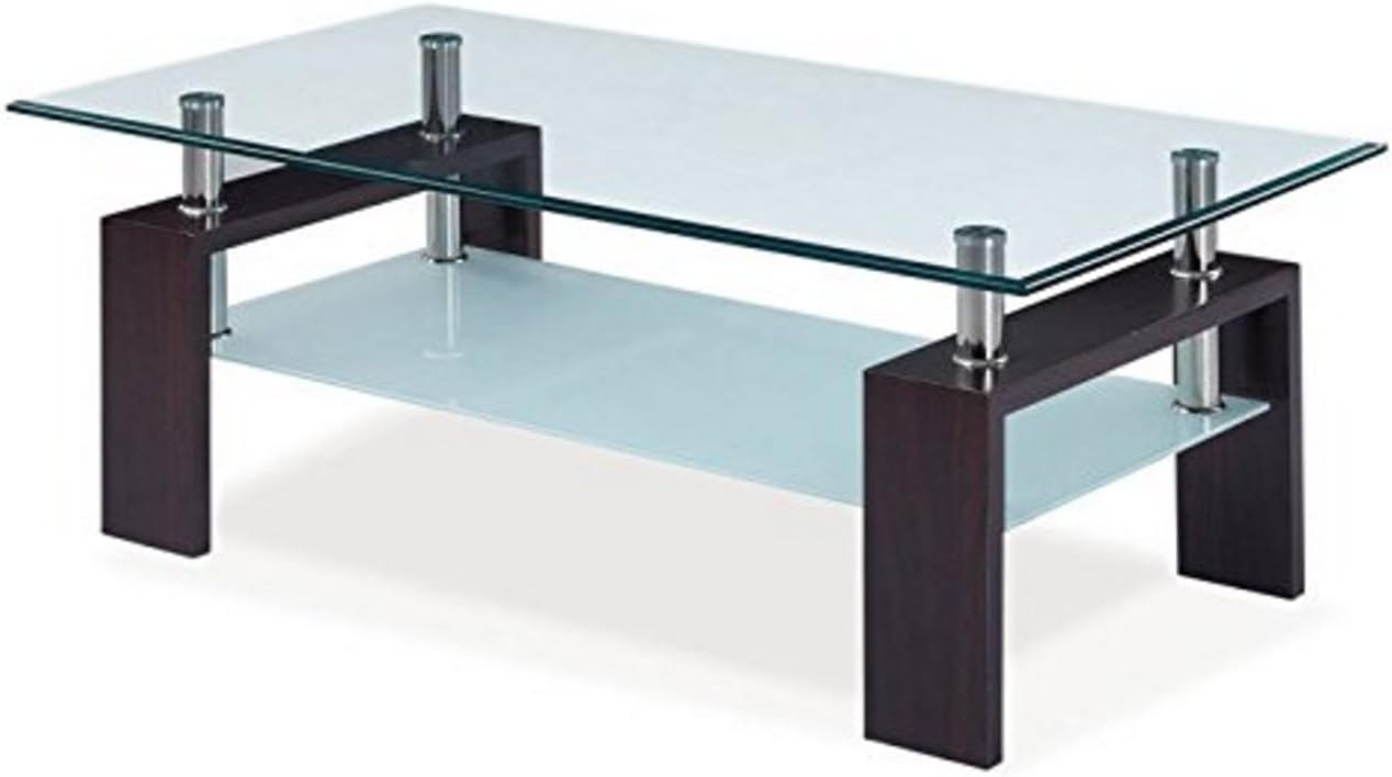 Kissemoji Glass Coffee Table Shelf Chrome Base Living Room Furniture (Rectangular, Walnut)