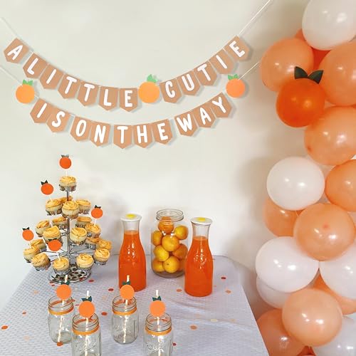 Image of Welcome Baby Party Decorations - A Little Cutie Is On The Way Banner,Orange Themed Gender Reveal Banner,Little Cutie Birthday Party Decorations,Cutie Orange Hanging Banner Photo Props