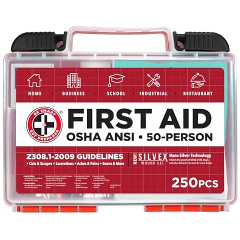 Be Smart Get Prepared OSHA/ANSI First Aid Kit - 50 Person, 250 Pieces - Designed for Home, Business, School, Industrial, and Restaurants - Compact & Portable Cover