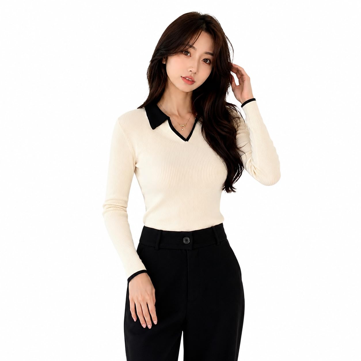 black buddy Women's Cotton Blend Full Sleeve Collared V Neck T Shirt for Women | Regular Fit Solid Rib Knit Stretch Top | Casual Office College Formal T Shirt | S-XXL-picture-19