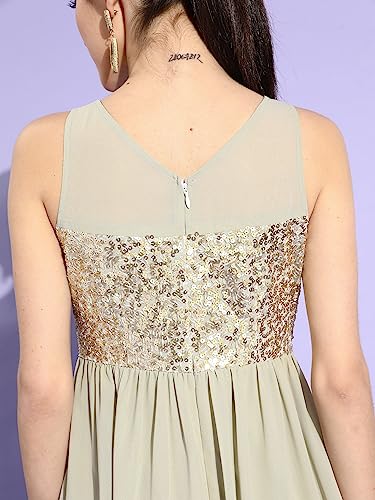 Image of Miss Chase Women's Dusty Green & Golden Solid Embellished Maxi Dress