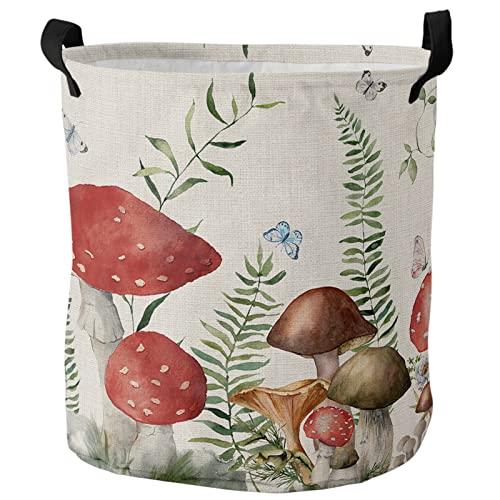 Large Laundry Basket 16.5X17In, Red Mushroom Waterproof Dirty Clothes Bag Hamper With Handles, Green Plant Flowers Butterfly Burlap Texture Collapsible Sorter Basket For Bathroom Home #TOP21