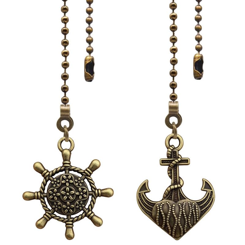 Image of 2pcs Anchor and Wheel pull chain extension for ceiling fans and lights, with Ball Chain Connector (Bronze)