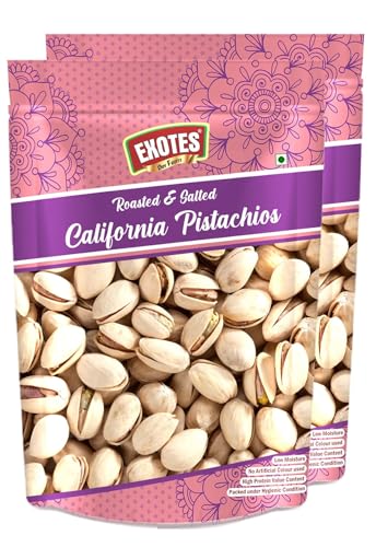 Image of Exotes Roasted and Salted Pistachios (Pista) 500 Grams (250 Grams X 2) - Tasty Crunchy Snack Rich in Protein and Fiber, Great for Kids During Study Time and Office Breaks and Easy Use in Household Recipes or Guest Serving
