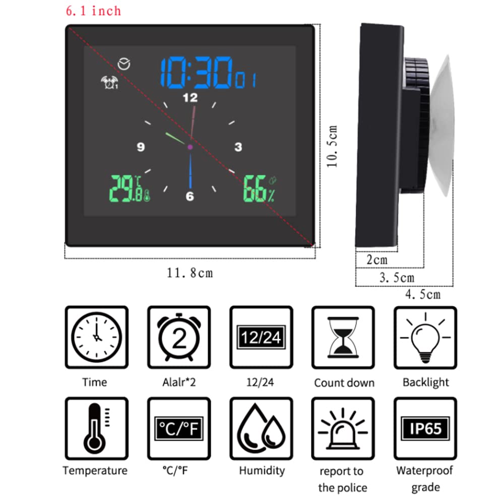 Irfora Reloj digital de baño, resistente al agua, termómetro, higrómetro, pantalla LCD, límite superior e inferior, alarma doble con función de repetición, despertador de cuenta atrás