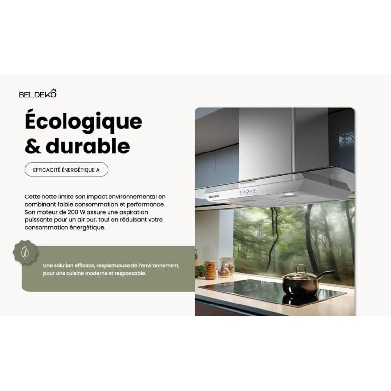 Hotte décorative murale BELDEKO 90 cm – Verre & Inox – 200 Watts - Débit 560 m³/h – 3 vitesses + LED – Recyclage ou évacuation – Marque française