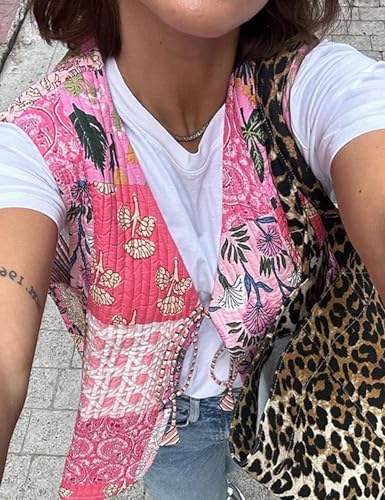 Yimoon Women's Cropped Quilted Vest Floral Printed Puffer Vest Lightweight Sleeveless Tie Front Padded Gilet Outwear4