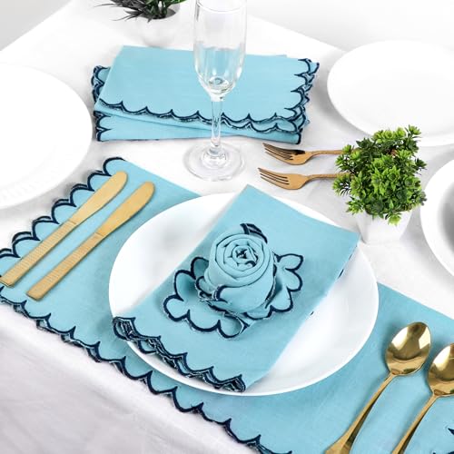 Image of FINGERCRAFT Scallop Edge Cloth Napkins | Set of 6 | 20x20 Inches | 100% Cotton | Table Napkins for Any Occasion | Washable, Perfect for Parties and Everyday Use (Aqua Slub, Set of 6)