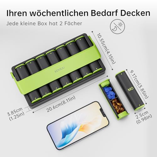 Tablettenbox 7 Tage Morgens Abends, KOVIUU Woche Pillendose 2 Fächer, Medikamentenbox Unterwegs, Pill Box,Große Tabletten Tablettendose, Supplement Pillenbox für Medikamente, Vitamine, Fischöl, Grün