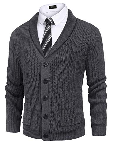 COOFANDY Men's Shawl Collar Cardigan Sweater Slim Fit Cable Knit Button up Cotton Sweater with Pockets (Large, Dark Grey)
