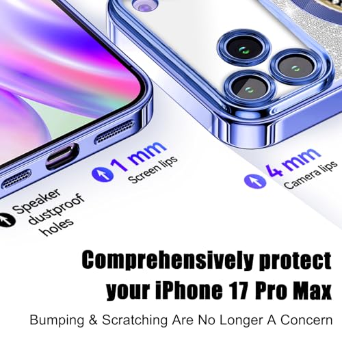 Image of Misscase for iPhone 17 Pro Max Magnetic Glitter Case Compatible with MagSafe,Full Protection Slim Shockproof Anti-Scratch Case with Camera Lens Protector Plating Bling Dust-Proof Net Blue