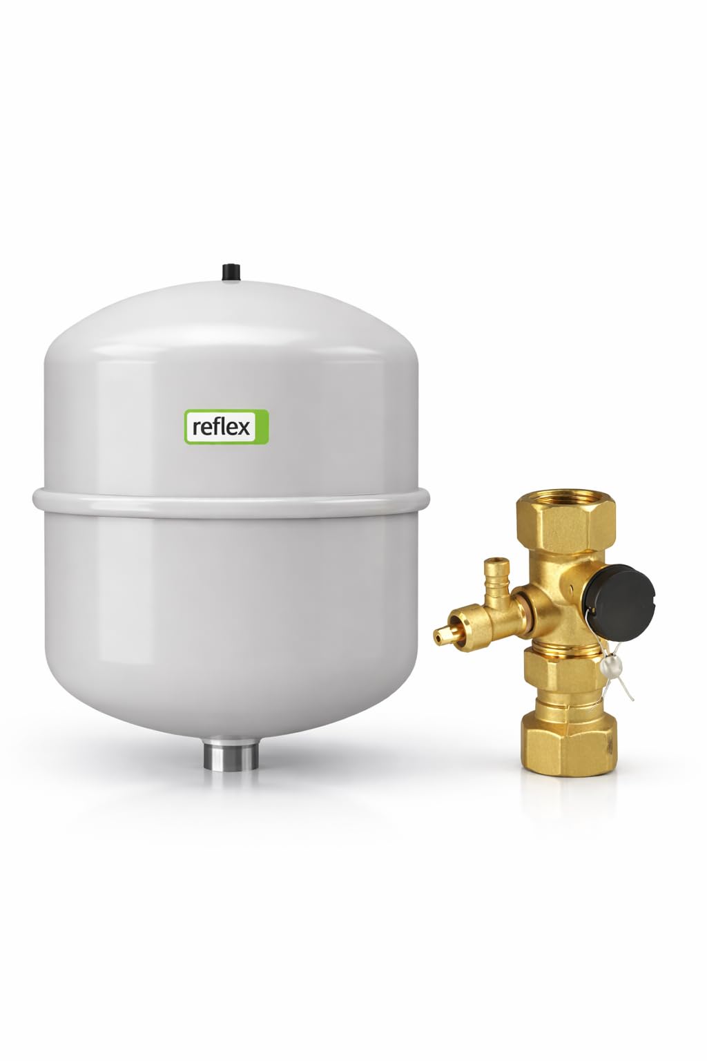 Reflex N 25 Membran-Druckausdehnungsgefäß 25 l, grau + Kappenventil 4 bar 3/4"×3/4" Messing mit KFE-Hahn – für geschlossene Heiz-/Kühlwassersysteme, DIN EN 13831, PED 2014/68/EU