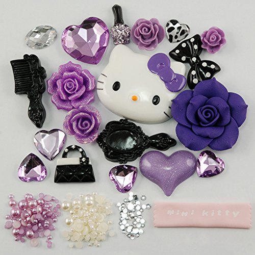 Mini kitty- DIY deep Purple flowers hello kitty cat head series Black Mirror love pearls bag Kawaii Cabochon Deco Kit / Set ,cellphone diy Valentine's Day Lovers Easter best unique creative cool gift for iphone 4 4S ,iphone 5 5c 5G,iphone 6 iphone 6 plus for samsung note 4 samsung s5 mini s5 i9600 for samsung galaxy s3 i9300 ,samsung galaxy s4 i9500 note4 for nokia for motorola for htc for sony ,etc (Phone shell is not included, only DIY material contained)+ free microfiber cloth