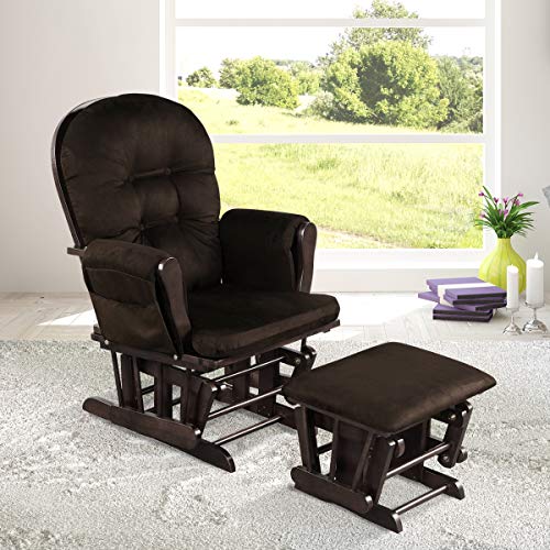 Costzon Nursery Glider with Ottoman, Upholstered Comfort Glider Rocker with Padded Cushion, Storage Pocket, Solid Wood Base, Rocking Chair Nursery for Breastfeeding, Napping (Brown) - Image 3