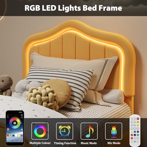 GarveeHome Twin Upholstered Bed Frame with Storage Drawer and Smart Led Headboard, Twin Size Platform Bed Frames for Kids, Wooden Slats Support, No Box Spring Needed, Easy Assembly, Yellow
