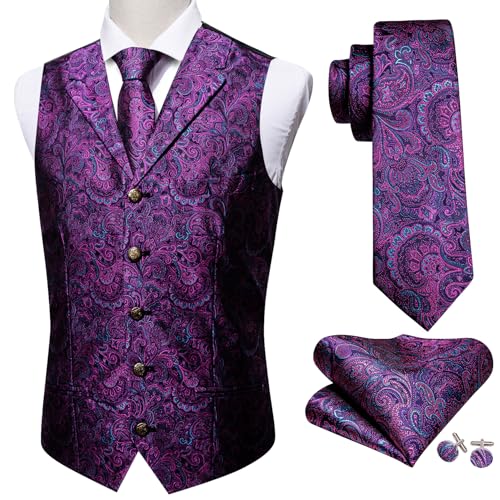 Image of Barry.Wang Mens Silk Lapel /Shawl Collar Vest Tie Sleeve Holder Set Formal /Casual Paisley Vests Wedding Tuxedo Waistcoat