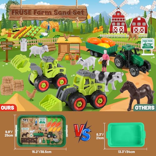FRUSE Play Sand Farm Toys,Sensory Bins for Toddlers with 2.2lbs Sensory Play Sand,Farm Figures & Tractor Playset,Sandbox Toys for Kids 3 4 5 6 7